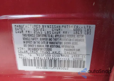 2021 Nissan Sentra Sv Xtronic Cvt z USA, uszkodzony, nr VIN 3N1AB8CV1MY283060